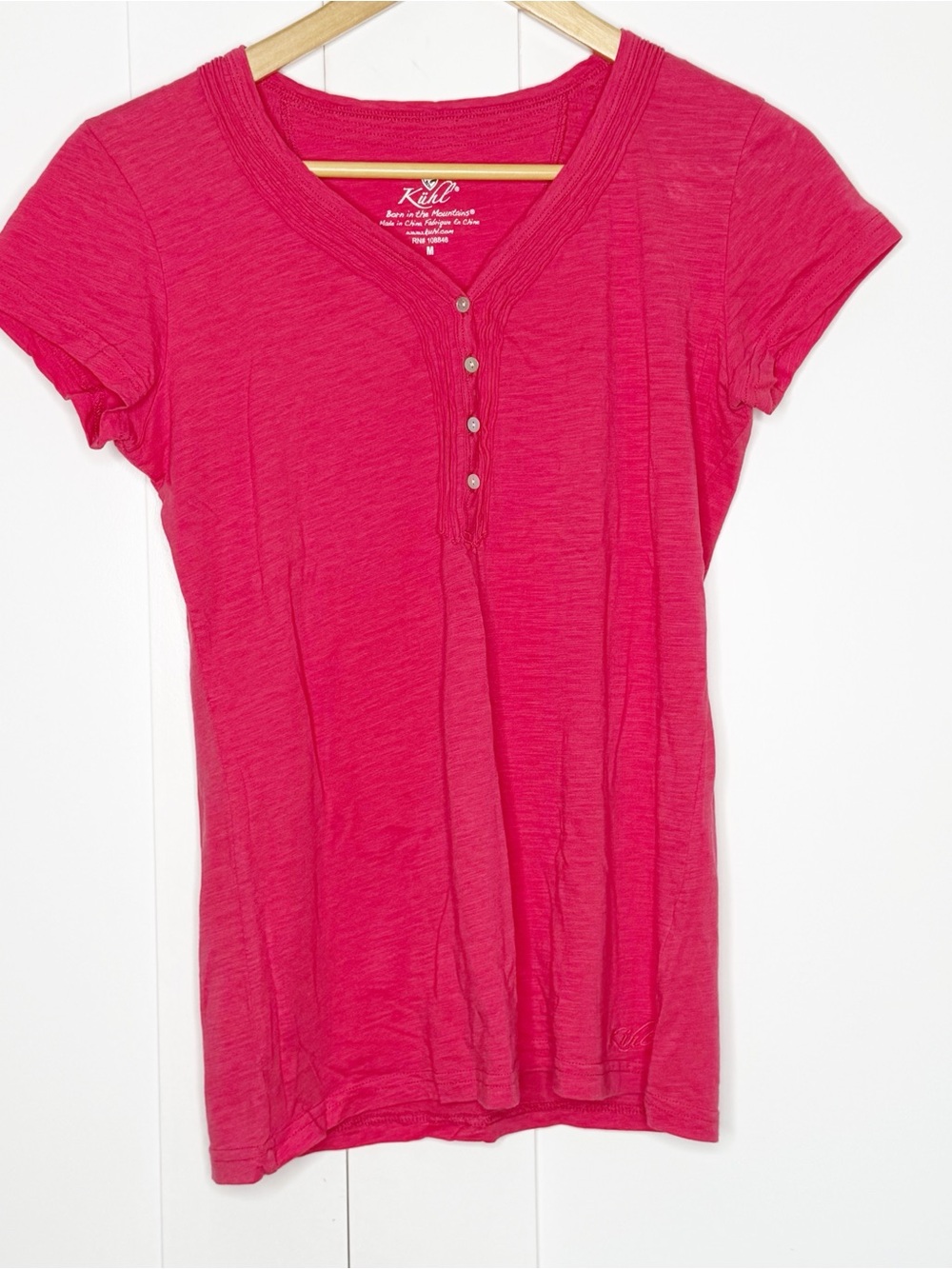 KÜHL Vega Henley Short Sleeve Shirt medium pink Y2K babydoll organic cotton